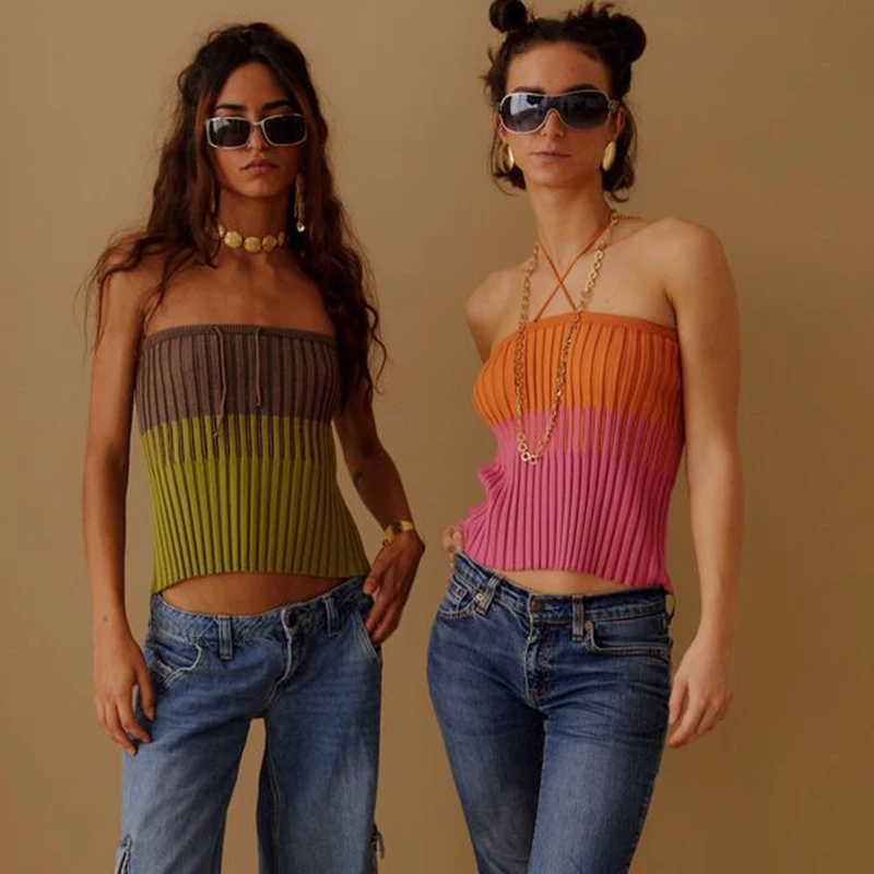 

Женская Трикотажная майка без рукавов Y2K, летний сексуальный укороченный топ в полоску, футболки, жилет, майки без бретелек, новая модная юбка, 2023