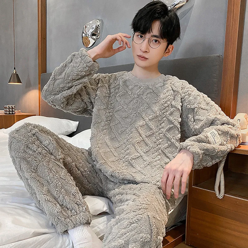 2022 Winter men's pajamas with fleece and thickened men's pajamas suit large size home wear coral fleece suit