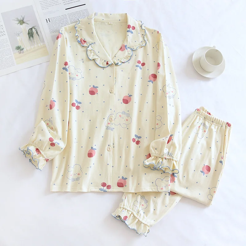 

Women's Pure Cotton Suit Ladies Rabbit Print long-sleeve Trousers Sleepwear Living Comfortable Breathable Homewear Worn Outside