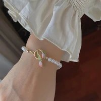 minar fairy natural freshwater pearl bracelet for women pink color enamel tulip flower pendant charm bracelets pendientes 2022