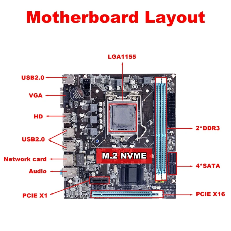 

H61 Motherboard+SATA Cable LGA1155 M.2 NVME Support 2XDDR3 RAM PCIE 16X For Office For PUBG CF LOL Gaming Motherboard