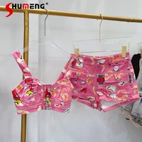 pink lingerie sets for women vacation beach bikini sexy shoulder strap corset slimming cartoon short shorts suit 2022 summer