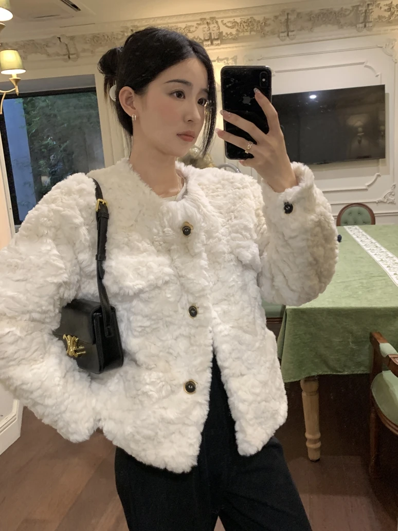 Long Sleeve Lamb Wool Coat New Faux Fur Plush Women's Winter Solid Color Fashion Short Jacket Loose All-matching Clothing