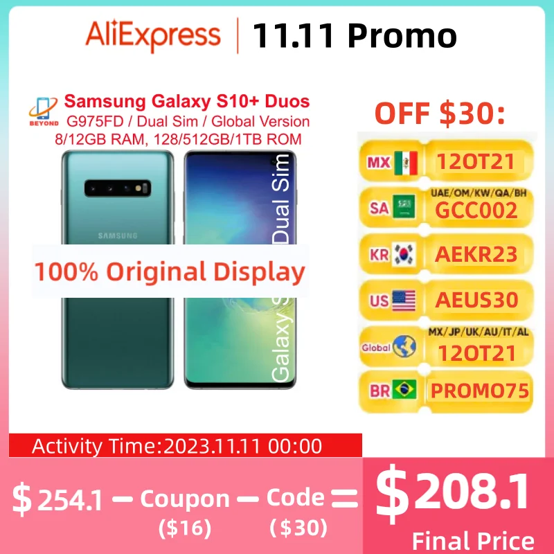 

Samsung Galaxy S10+ S10 Plus Duos G975FD Dual Sim 8GB RAM 128GB ROM Octa Core 6.4" Global Version NFC 4G LTE Original Cell Phone