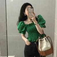 korean style puff sleeve square neck slim shirt for women summer leopard short sleeve ruched blouse lady green shirt top