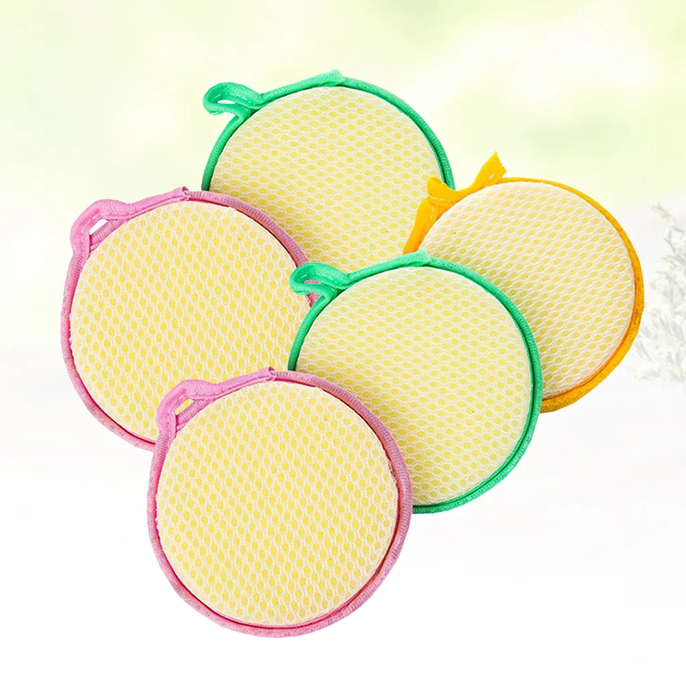 

5pcs Double-side Round Sponge Scouring Pad Home Household Kitchen Dishwashing Sponge Cleaning Pad Sponge Cloth )