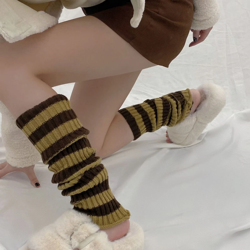 Women Knitting Leg Warmers School Student Slip-On Cotton Foot Cover Socks Acrylic  Middle Tube Black White Stripes