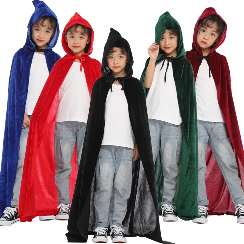 

Kids Adults Halloween Velvet Cloak Cape Hooded Medieval Costume Witch Wicca Vampire Halloween Costume Dress Coats