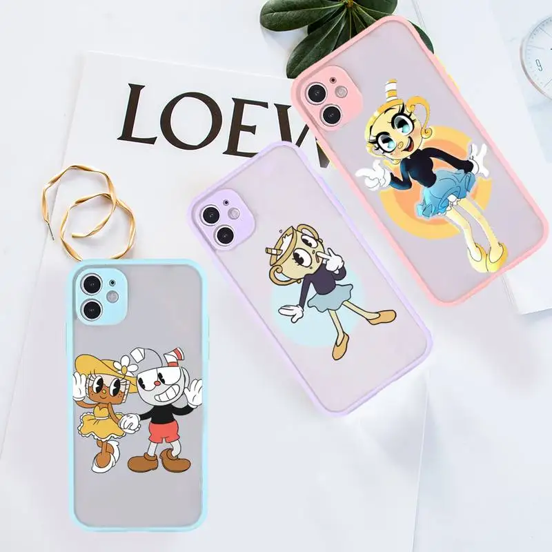 

cartoon cute Cuphead Phone Case For iPhone 13 12 11 Mini Pro XR XS Max 7 8 Plus X Matte transparent Purple Back Cover
