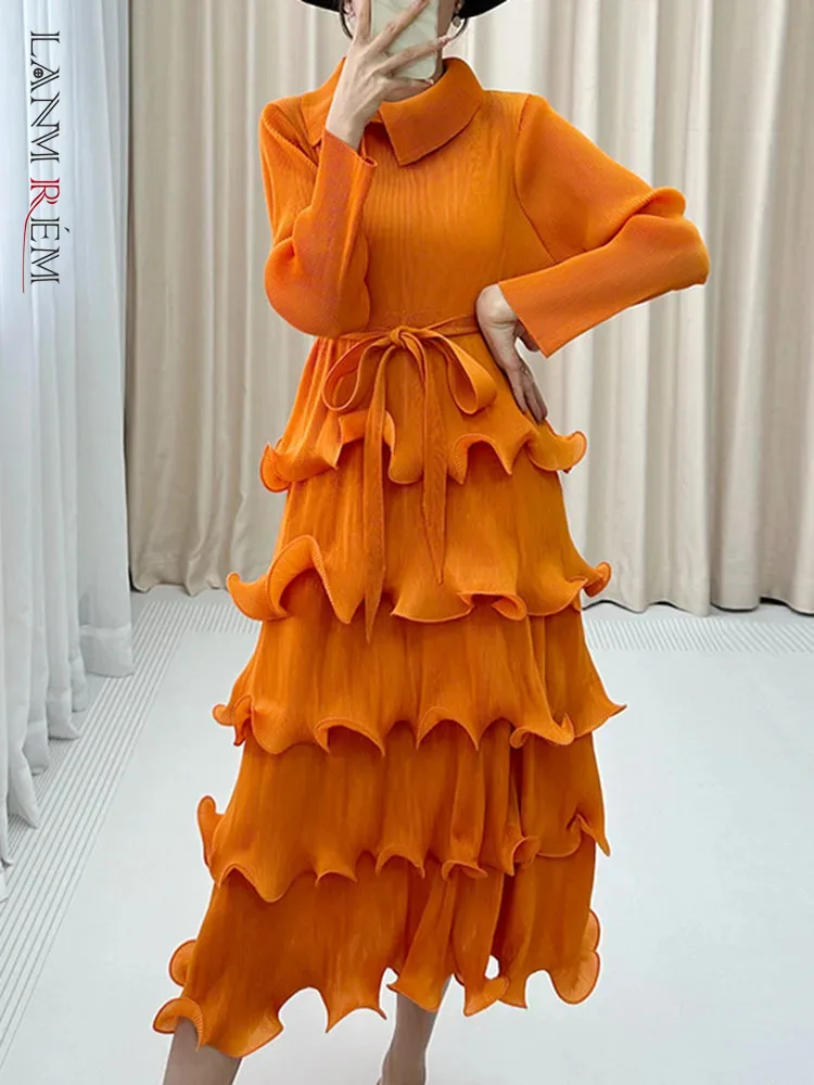 

LANMREM Fashion Party Pleated Dress Women Scarf Collar Belt Fungus Spliced Design Dresses Elegant 2024 New Clothing 2AA4292