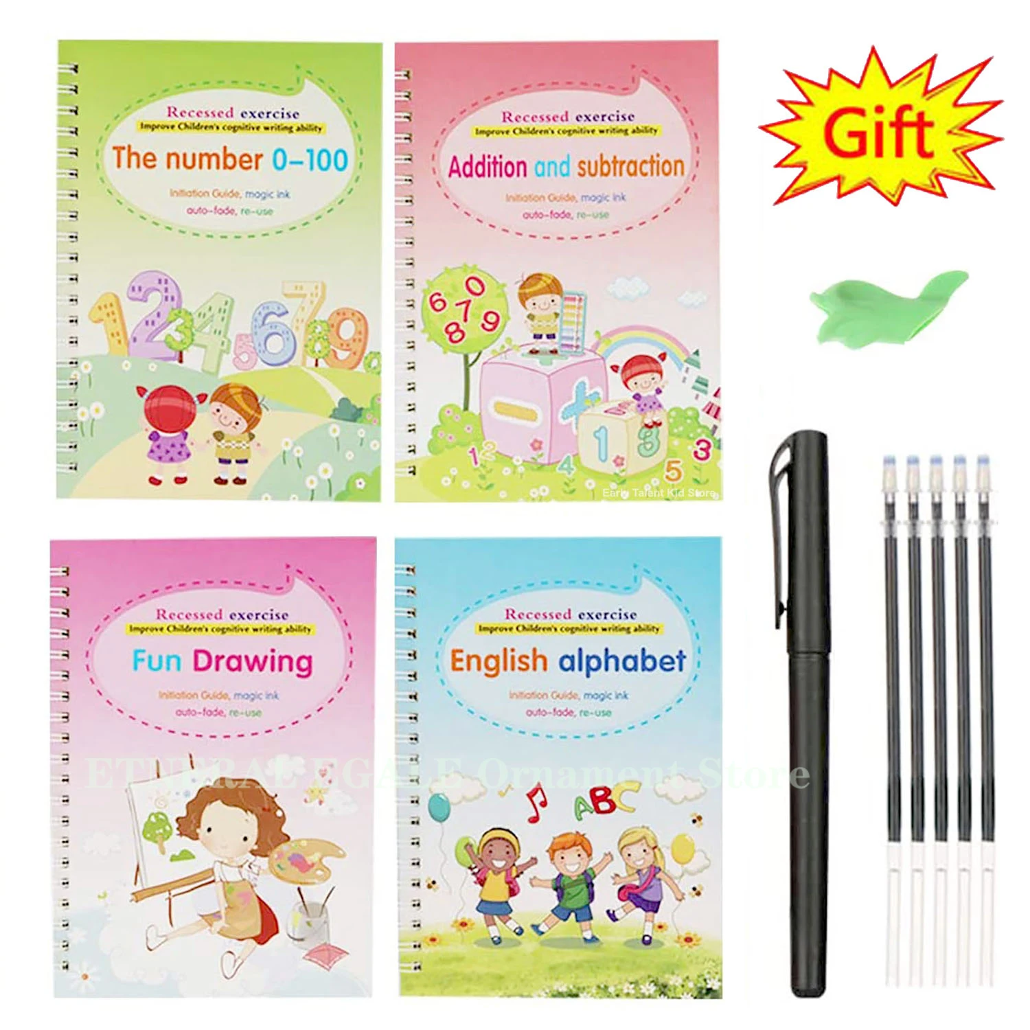 

4 Books + Pen Sank Reusable 3D Magic Exercise Book Children Letters Writing Stickers Calligraphy English Numbers Montessori Toys