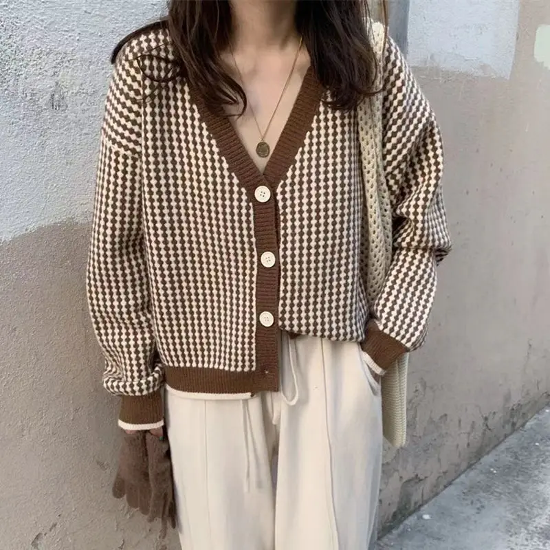 

Vertical Stripes Contrast Color Knitted Cardigan Coat Women 2023 V-neck Long Sleeve Plaid Short Sweater Spring Autumn Outer Wear