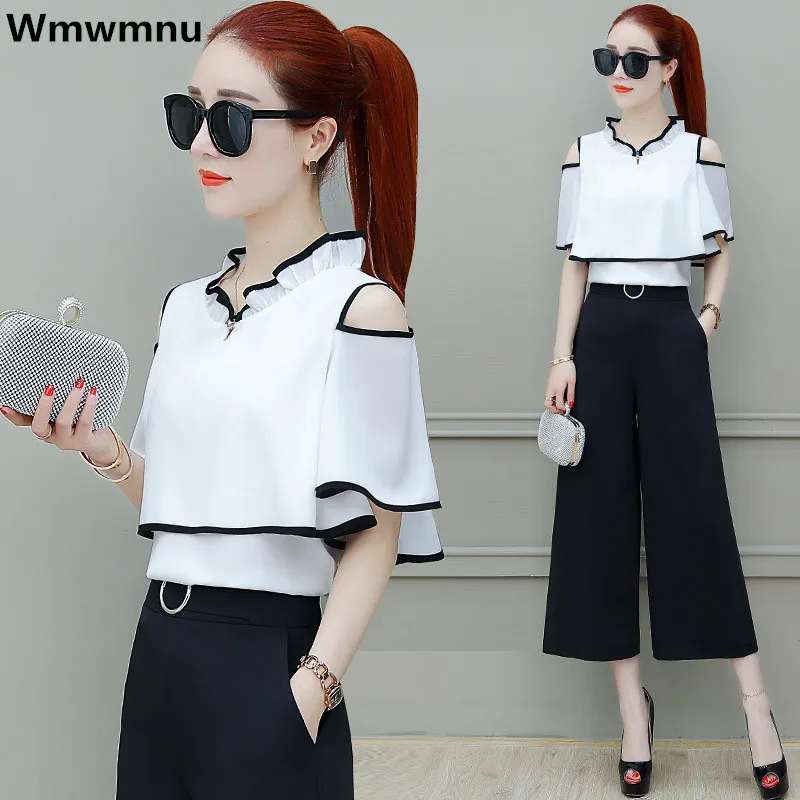 Summer 2 Piece Sets Asymmetrical Short  Sleeve Blouse Outfits High Waist Capris Wide Leg Pants Suit New Women Elegant Conjuntos