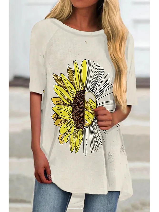 Женская футболка с коротким рукавом Белый/хаки/желтый/бежевый Повседневный