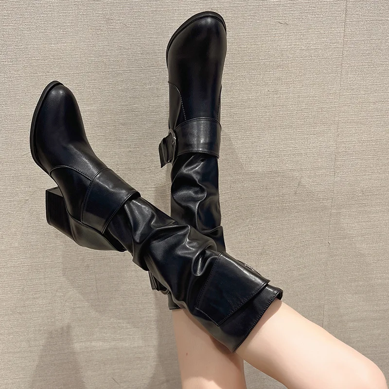 Brown High Heels Women Pleated Slip-on Mid-calf Boots New High Quality Black Boots Fashion Office Lady Heels Knight Boots Women