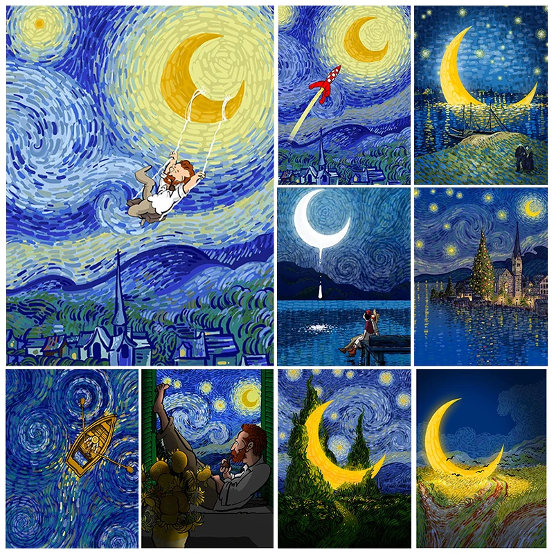 

Алмазная живопись ежедневной жизни людей под луной, Ночная Луна, звезды, Алмазная мозаика, искусственная вышивка крестиком, украшение
