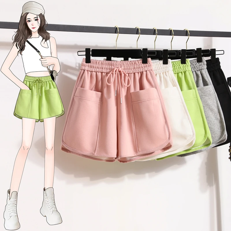 Y2K Streetwear Summer Sport Shorts Women's Casual Loose Elastic High Waist Pocket Black White Sportswear Wide Leg Bermuda Shorts