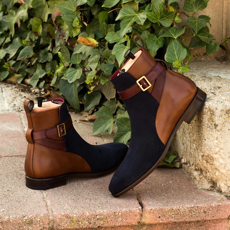 

New Men's Ankle Boots Blue Buckle Square Toe Business Manual Men's Boots