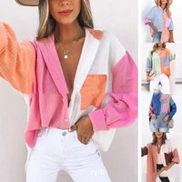 summer shirt top women casual solid color stitching loose shirt women long sleeve single breasted turn down collar pocket shirt