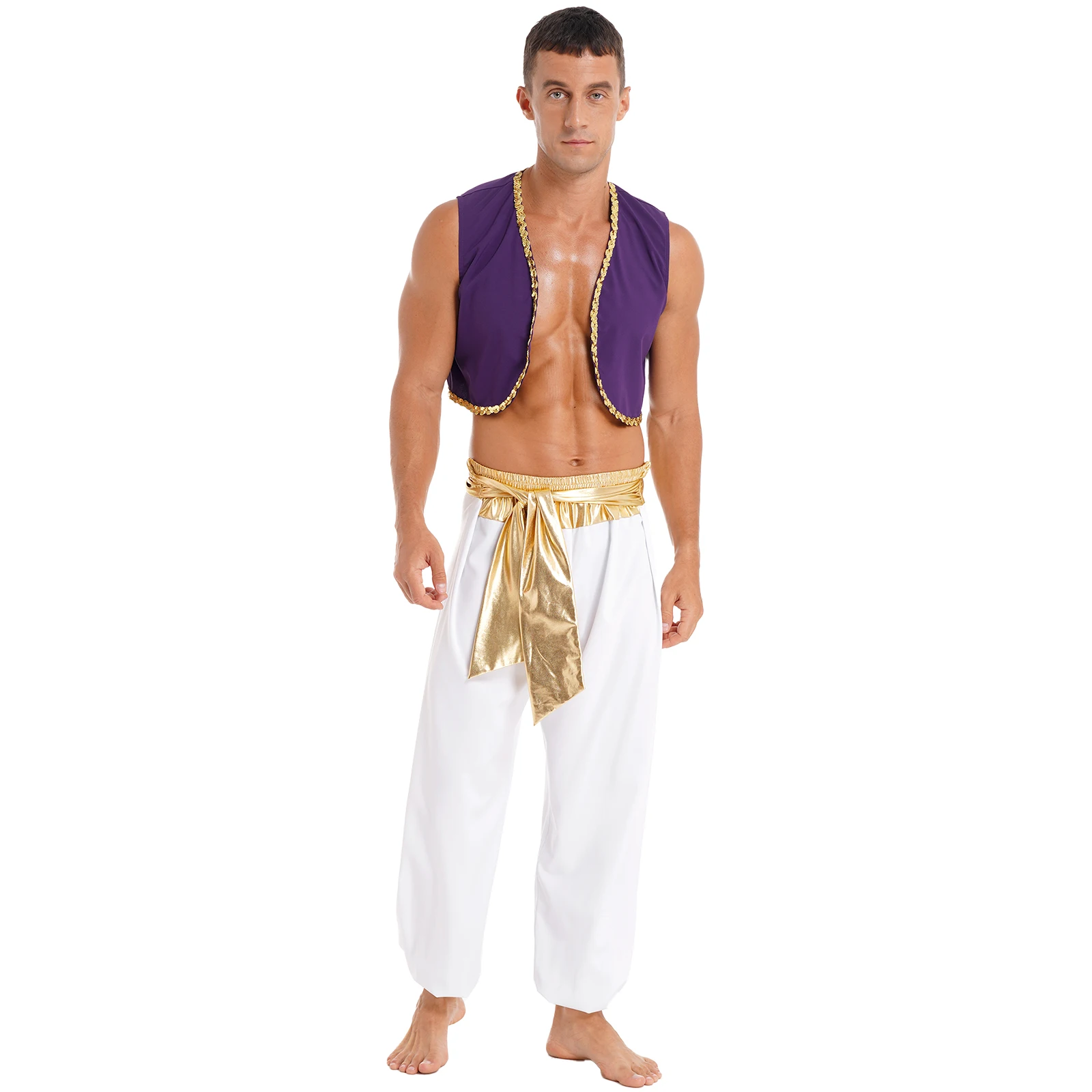 

Adult Mens Arab King Prince Role Play Outfit Halloween Carnival Party Stage Performance Costume Sequin Waistcoat+Belted Pants