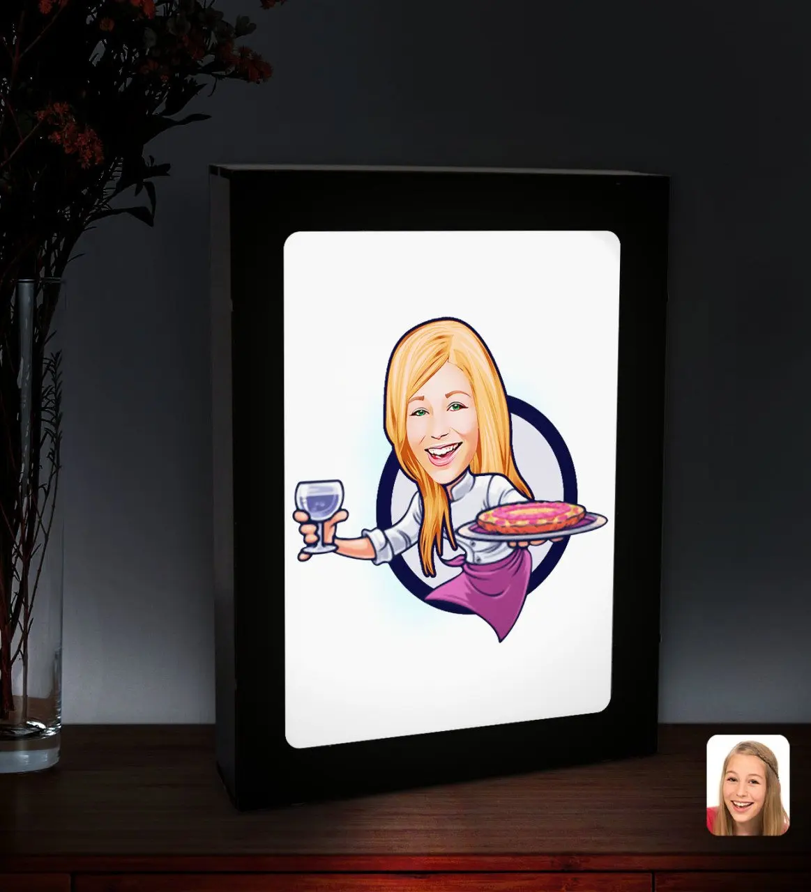 

Персонализированная Женская карикатура официанта со светодиодной подсветкой, деревянная картина Çerçevesi-1