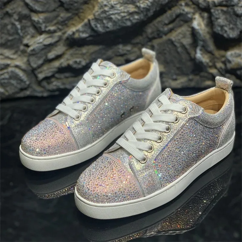 

Luxury Brands Low Top Red Soles Pink Diamonds Crystal Shoes for Men's Casual Flats Loafers Women's Driving New Designer Sneakers