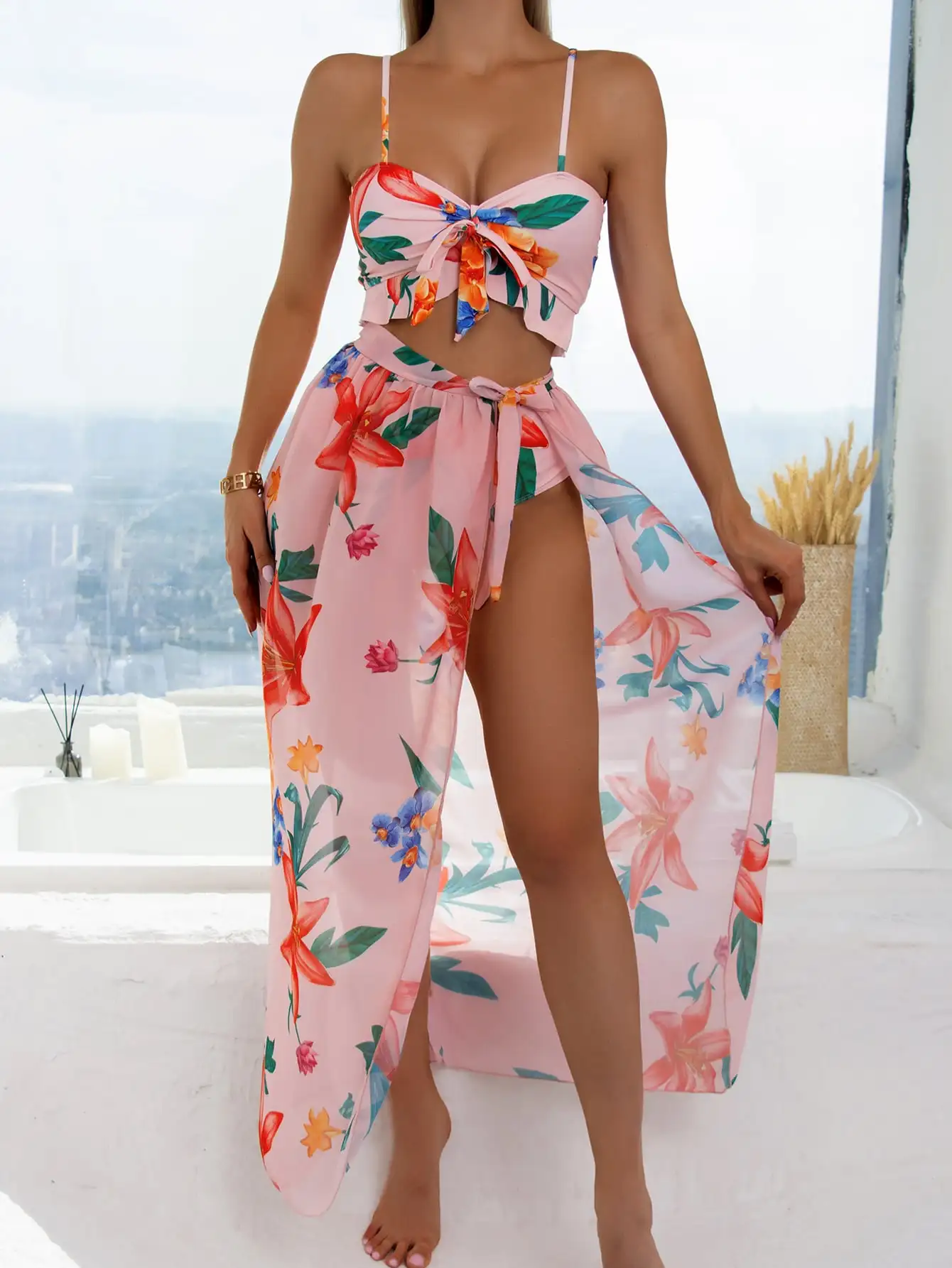 

Купальник с высокой талией и пляжной юбкой, 3 предмета, бикини с цветочным принтом и узлом спереди, женский купальник с оборками, женский купальный костюм, 2023