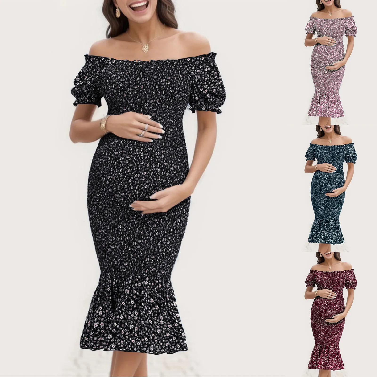 

Summer Women Maternity Short Sleeve Nursied Baby Dress Nightgown Breastfeeding Single Breasted Frill Trim Floral Dress