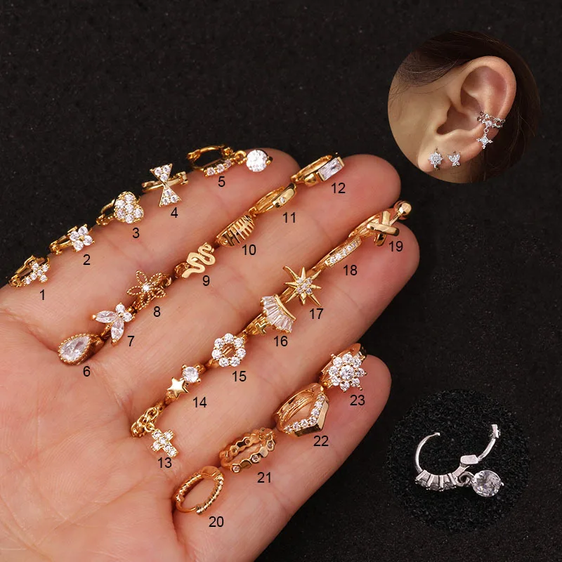 Золотые серьги-кольца для женщин, украшение для пирсинга, маленькие серьги-гвоздики с прозрачны�