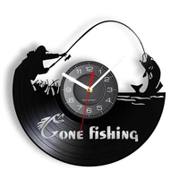 gone fishing hobby vinyl record wall clock fisherman farmhouse decor large mouth bass fish shadow art silent quartz wall clock