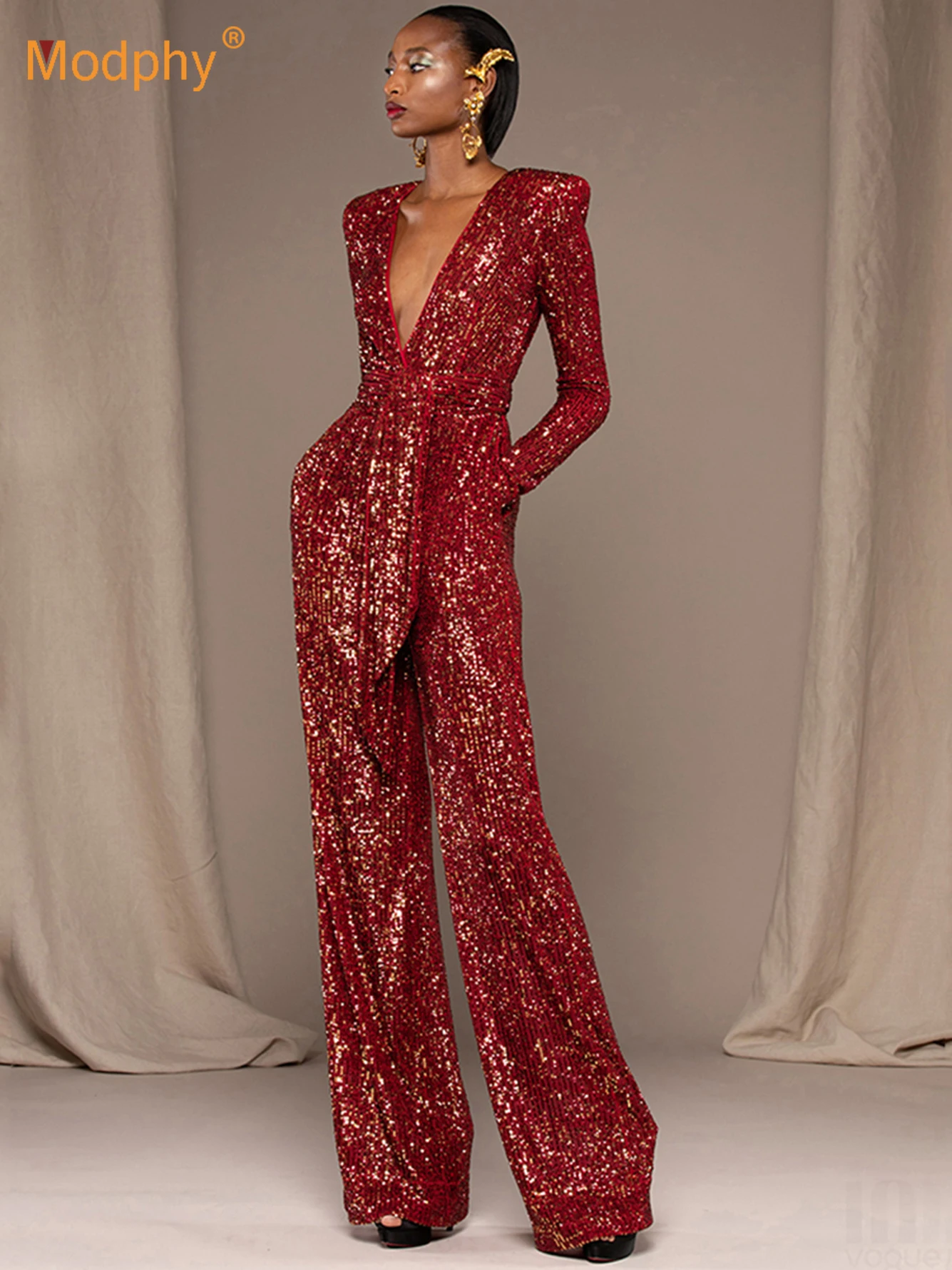High Quality Red Sequin Elegant Women'S Jumpsuit 2022 New Sexy V-Neck Slim Full Long Jumpsuits Evening Party Track Clothing
