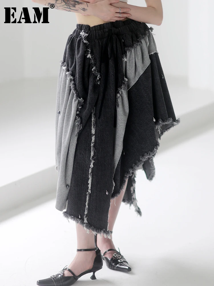 

[EAM] серая джинсовая зауженная юбка с высокой эластичной талией, два способа ношения, асимметричная юбка средней длины, женская мода, новинка...