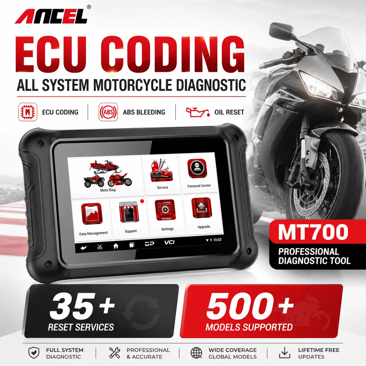 Фото Диагностический сканер OBD2 ANCEL MT700 для мотоциклов с функцией сброса ABS и Bleeding Oil, полная диагностика 31 системы, кодирование ЭБУ, двунаправленный сканер для 16 марок №1