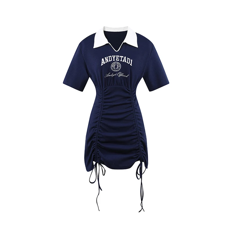 Women's Navy Blue POLO Collar Dress 2022 Summer American College Style Alphabet Print Drawstring Folds Niche Design Shirt Skirt images - 6