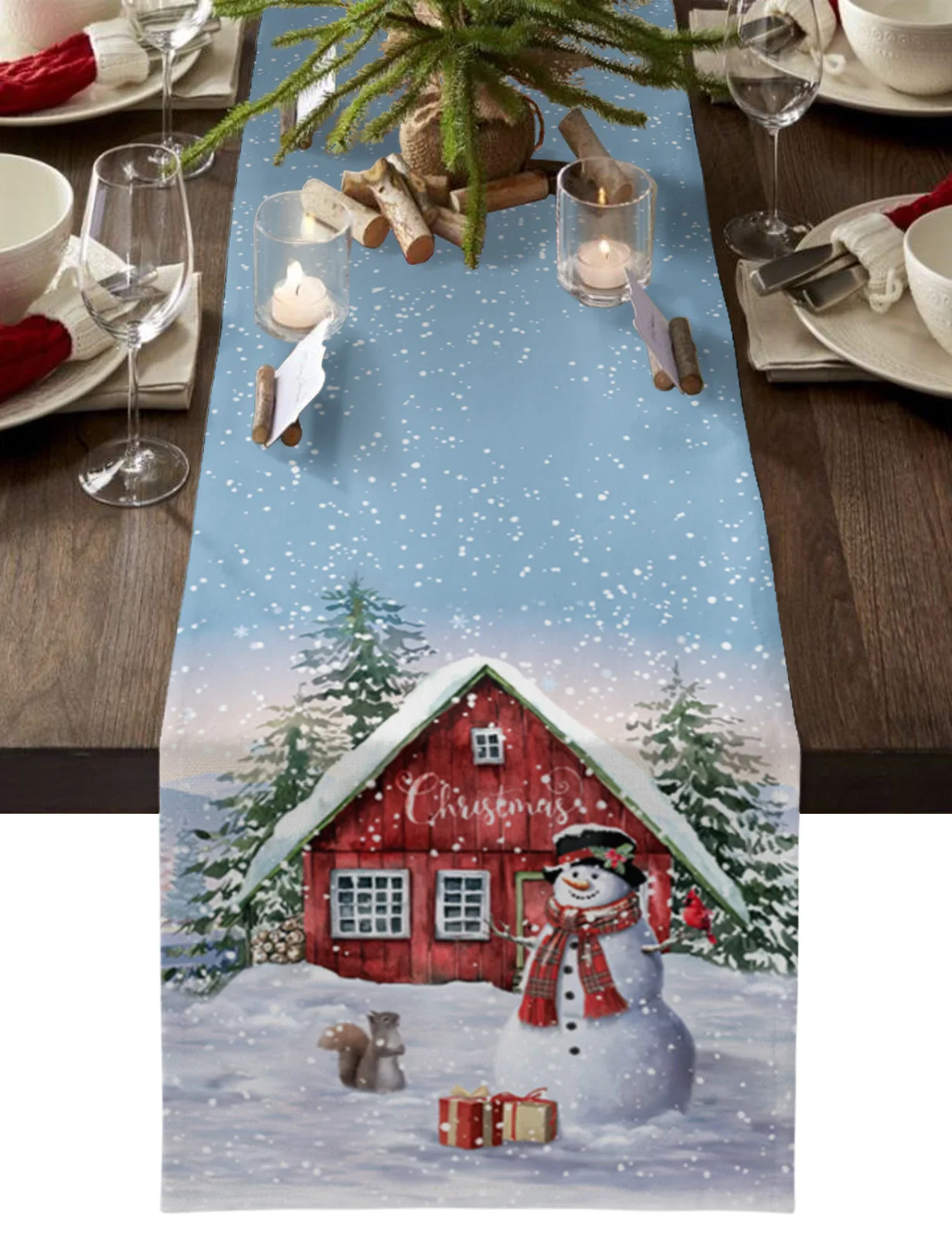 

Squirrel Christmas Snowman Gift Box Table Runner Wedding Party Dining Table Cover Cloth Placemat Napkin Home Kitchen Decoration