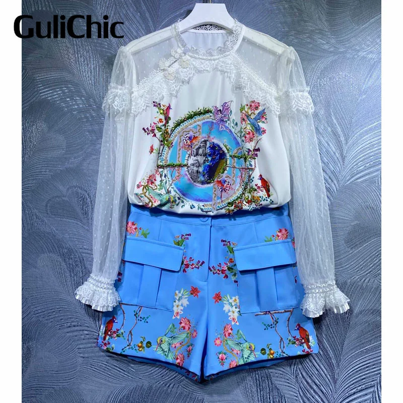 

5.12 GuliChic Mesh Lace Spliced Round Neck Long Sleeve Print Blouse And High Waist Pocket Shorts Temperament Set Women