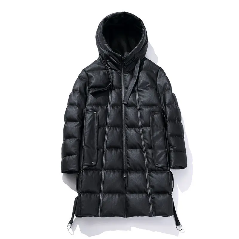 Men's Jacket Parkas Men's Winter Jackets Men's Cold Jacket Long Coat Hooded PU Leather Thicken and Keep Warm Cotton-padded Coat