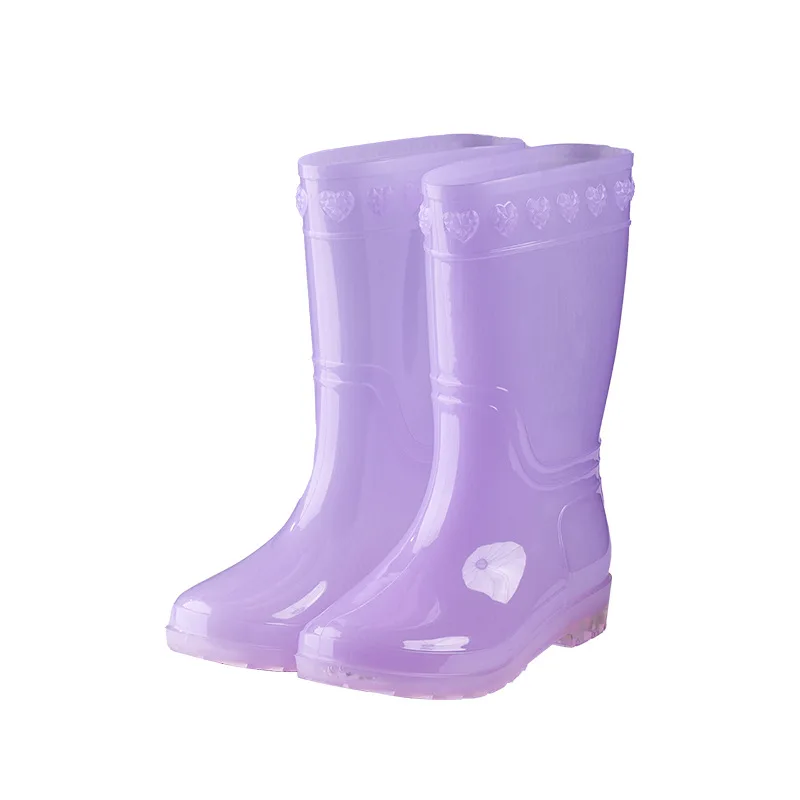 Flat Platform Mid-Calf Rain Boots for Women Fashion Jelly Color Waterproof PVC Water Shoes Winter Transparent Warm Rain Shoes