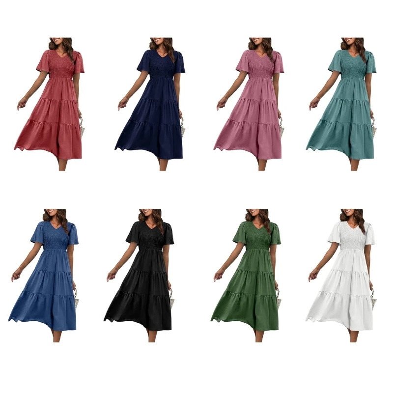 

Women V-Neck Tiered Dress Sweet Ruched Dress Short Sleeves Dress Summer Dress 10CE