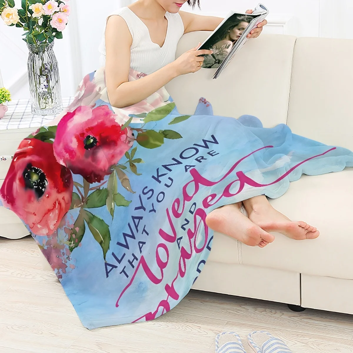 

Soft Plush Blanket Blue Pink Floral Always Know That You Are Loved Print Throw Blanket for Living Room Office Sofa Picnic Cover