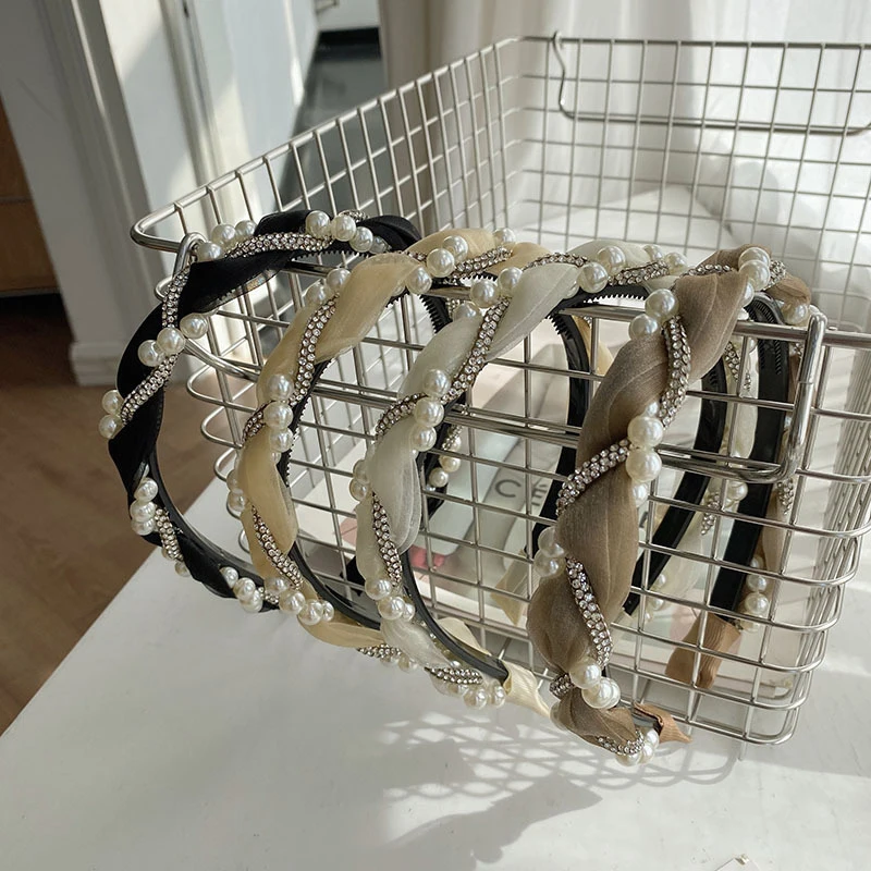 

Жемчужные сетчатые обручи Стразы, милые витые обручи для волос, плиссированные однотонные обручи ручной работы