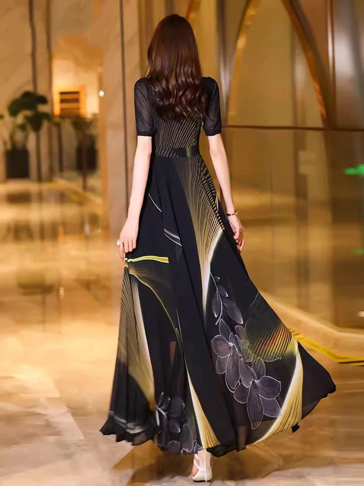 Новое женское летнее черное платье с принтом Мода V-образным вырезом короткий