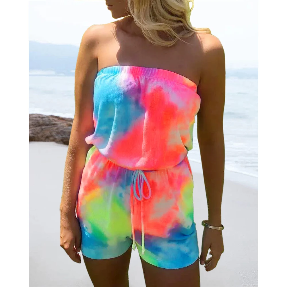 

Fashion Tie Dye Print Bandeau Drawstring Romper Summer Off Shoulder Sleeveless One Piece Suit Open Back Shorts Pants Holiday