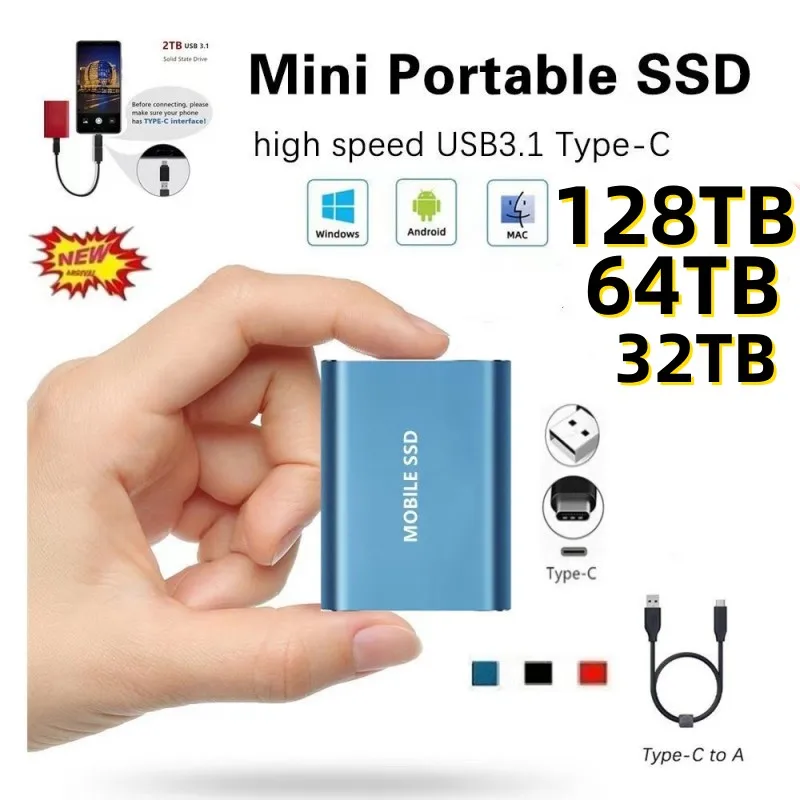 

Portable 8TB/16TB/32TB/128TB mobile hard disk C-type SSD shockproof aluminum alloy solid state disk USB 3.0 transmission speed