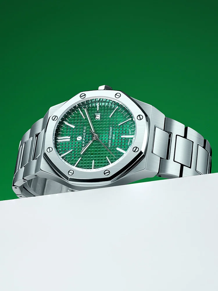 SAPPHERO Мужские часы в стиле ретро с зеленым циферблатом из нержавеющей стали для