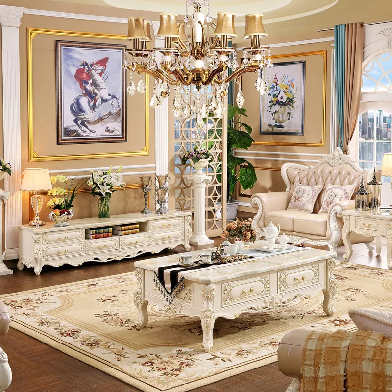 

European Coffee Table TV Cabinet Wood Square Carved Set Light Luxury Furniture Oak Combination Marble Living Room Solid Fabric