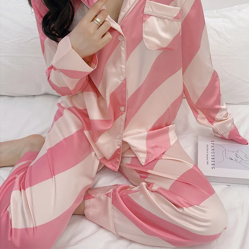 

pijamas women sexy secret long-sleeved trousers two-piece suit women's satin loose printed home wear casual fashion pajamas