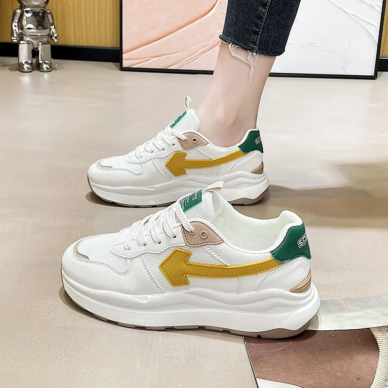 2023 New Chunky Sneakers Women Mesh Leather Platform Shoes Mixed Colors Lace-Up Lady Trendy Trainers Thick Sole