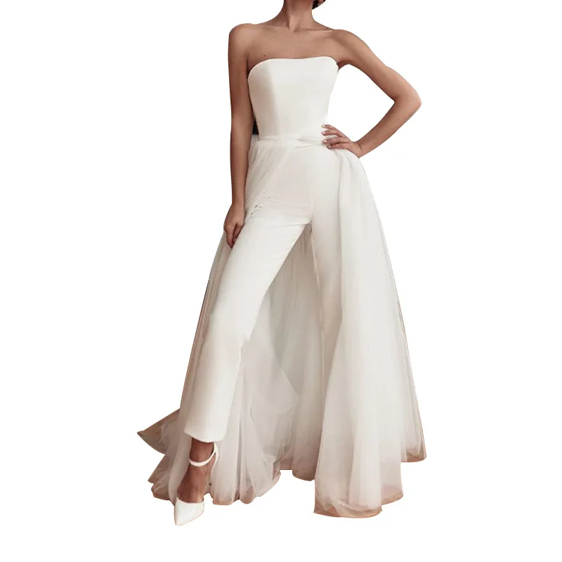 2023 Tulle Strapless Beach Jumpsuit Wedding Dress With Detachable Solid Party Clothing A-Line Backless Simple Bridal Gown Pants