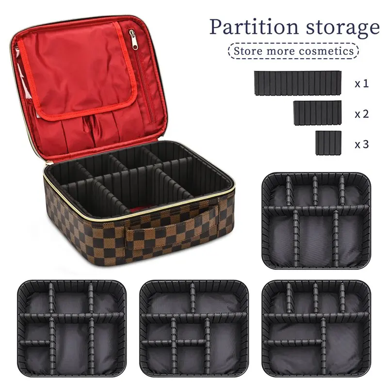 Makeup Bag for Women, Checkered Cosmetic Case, Travel Cosmetic Organizer with Adjustable Dividers, Red